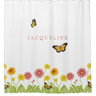 Gerbera Daisy Monarch Butterfly Girls Personalised Shower Curtain