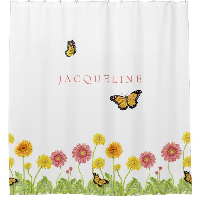 Gerbera Daisy Monarch Butterfly Girls Personalised Shower Curtain (Front)