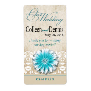 Gerbera Daisy Scroll 1 Wine Label teal