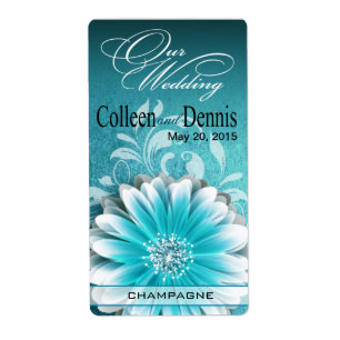 Gerbera Daisy Scroll 1 Wine Label teal