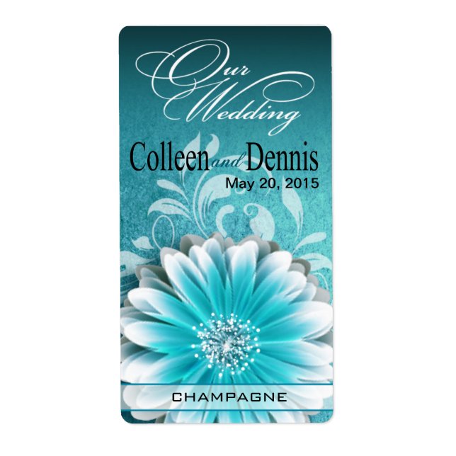 Gerbera Daisy Scroll 1 Wine Label | teal (Front)