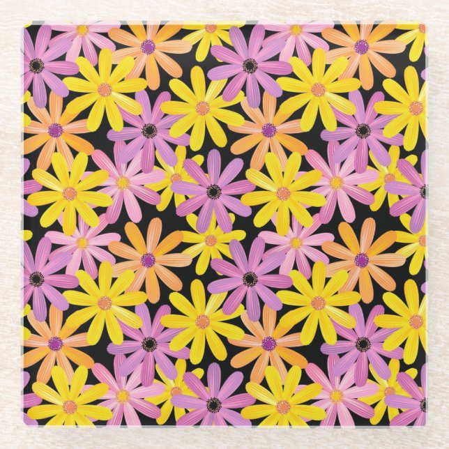 Gerbera flowers pattern, background glass coaster (Front)