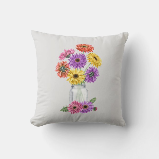 Gerbera Gerber Daisy Watercolor Mason Jar Cushion (Front)