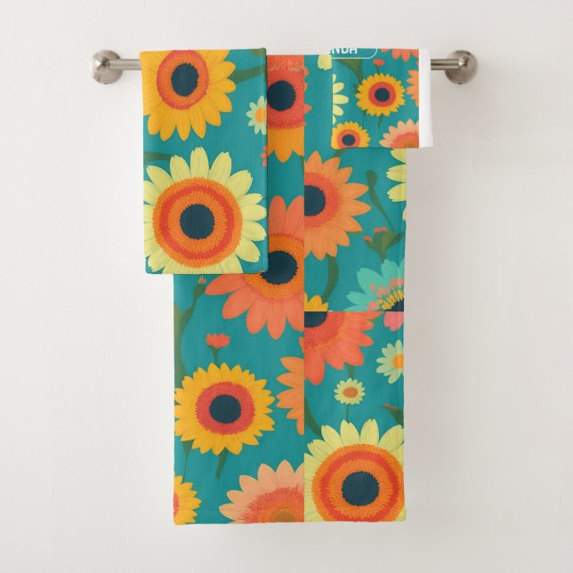 Gerbera Retro Colourful Personalised Pattern Bath Towel Set (Insitu)