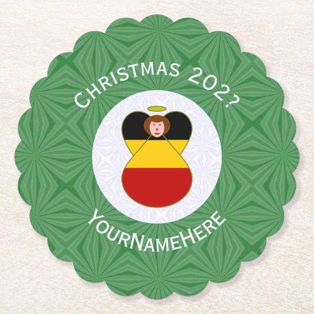 German Angel Christmas Flag Personalised  Paper Coaster (Front)