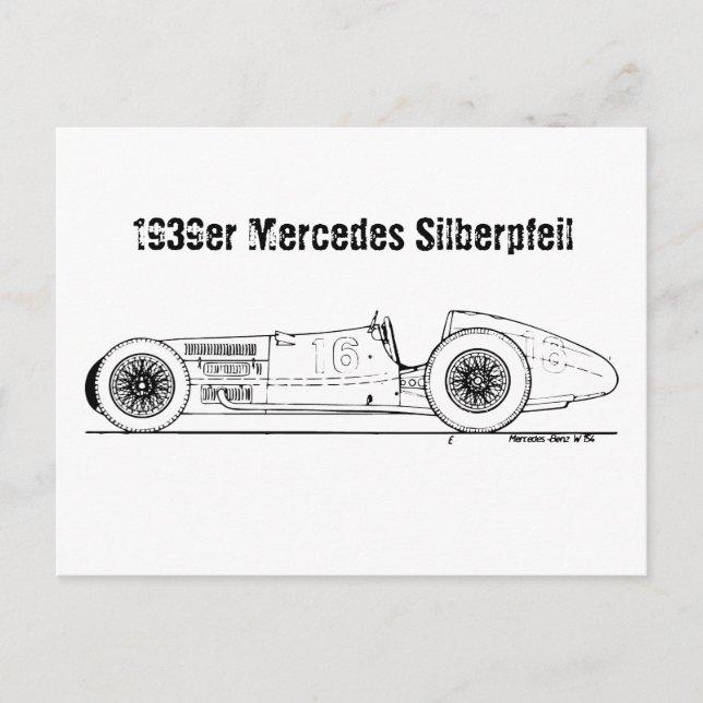 German Auto-Union 1939 Silver Arrow Blueprint Postcard (Front)