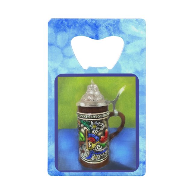 German Beer Stein w/Hinged Lid Blue Green (Front)