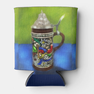 German Beer Stein w/Hinged Lid Blue Green Can Cooler