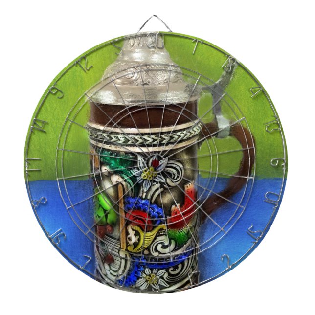 German Beer Stein w/Hinged Lid Blue Green Dartboard (Front)