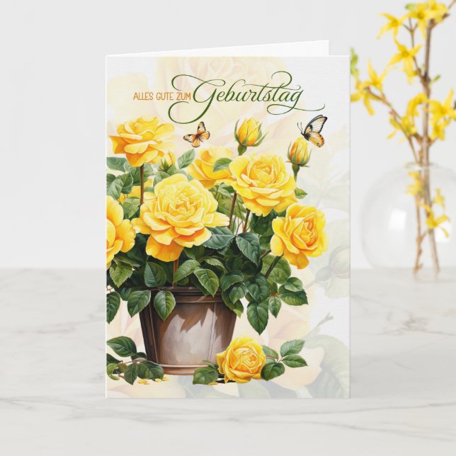 German Birthday Geburtstag Pot of Yellow Roses Card (Yellow Flower)