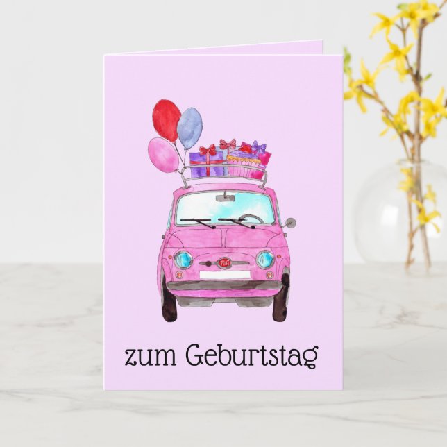 German Birthday Retro Fiat 500 Card (Yellow Flower)