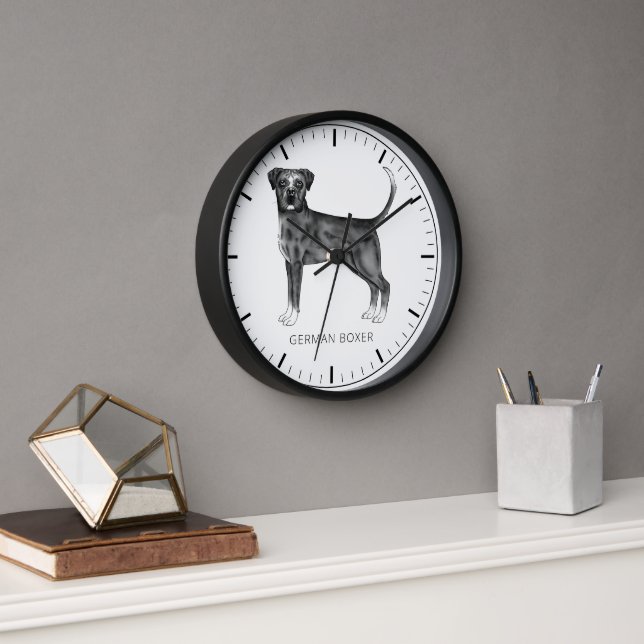 German Boxer Dog In Black And White & Custom Text Clock (Office)