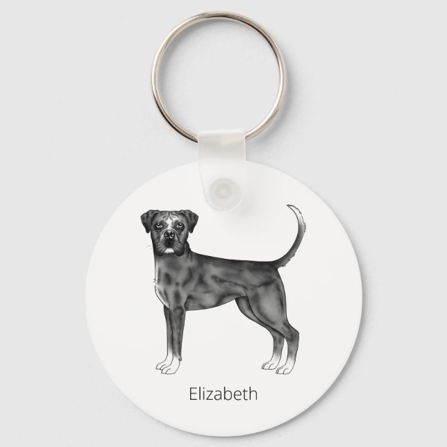German Boxer Dog In Black And White & Custom Text Key Ring (Front)