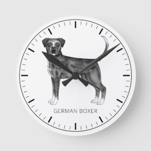German Boxer Dog In Black And White & Custom Text Round Clock