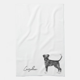 German Boxer Dog In Black And White & Custom Text Tea Towel