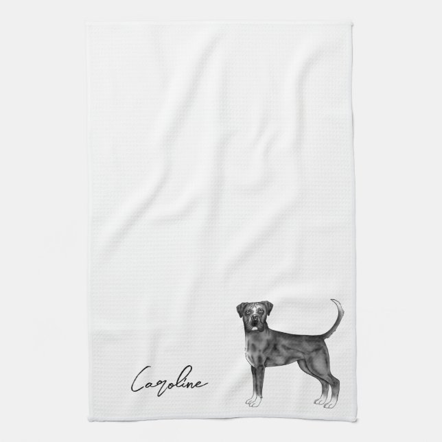 German Boxer Dog In Black And White & Custom Text Tea Towel (Vertical)