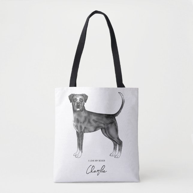 German Boxer Dog In Black And White & Custom Text Tote Bag (Front)