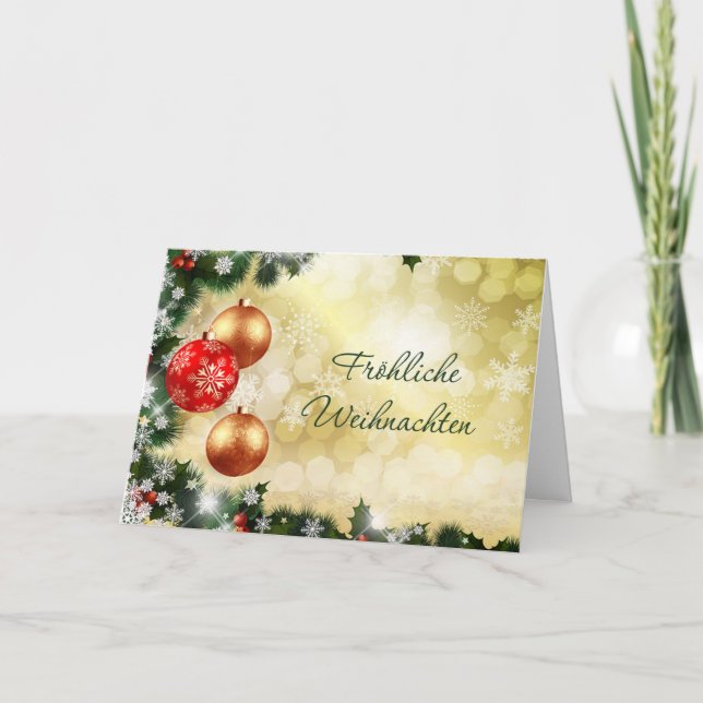 German Chrismas - red and gold baubles, snowflakes Holiday Card (Front)