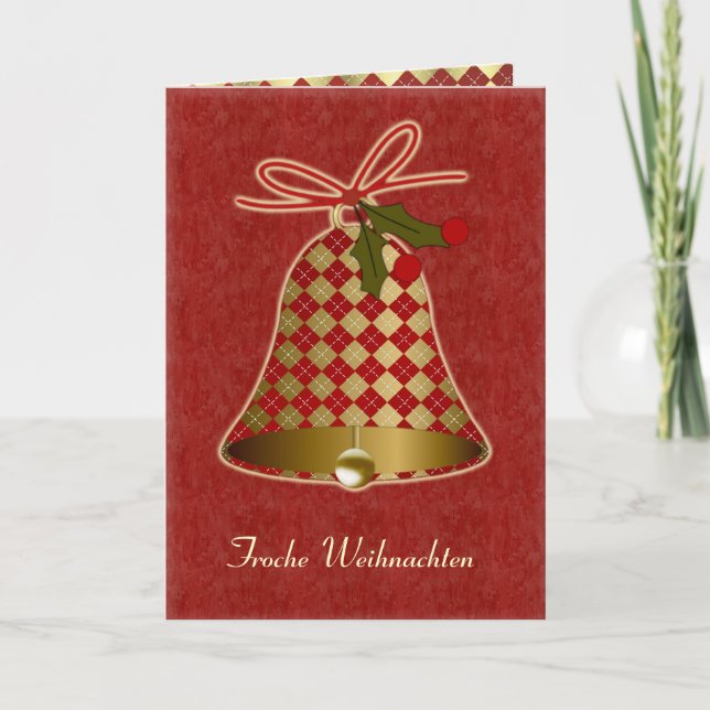 German Christmas Card with bell and holly (Front)