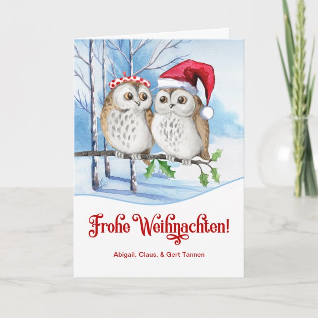 GERMAN Christmas Frohe Weihnachten Winter Owls Holiday Card (Front)