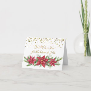 German Christmas, Poinsettia, pine, gold confetti Holiday Card