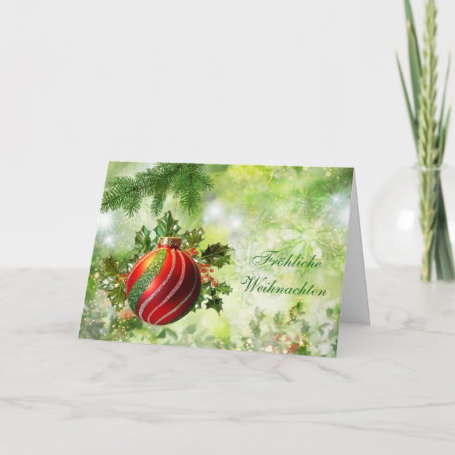 German Christmas red green bauble, holly, pine Holiday Card (Front)