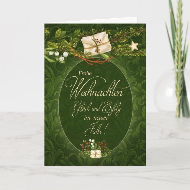 German Christmas Retro Cream and Green Holiday Card (Front)