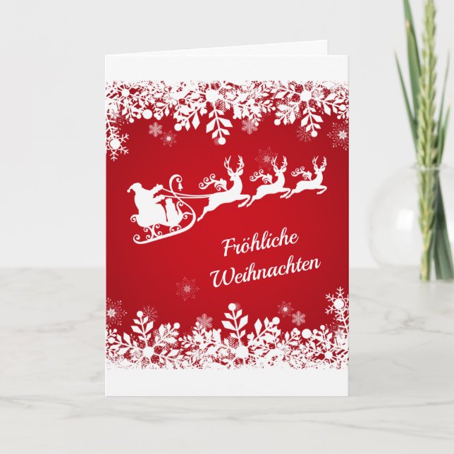 German Christmas - Snowflakes, Santa, reindeer Holiday Card (Front)