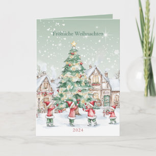 German Christmas Tree Snowy Houses Holiday Card