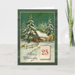 German Christmas - winter forest, December 25, Holiday Card<br><div class="desc">This design features a vintage illustration of snow covered cottage in a snowy forest with the 25 of December on a calendar. The German text in front says: Merry Christmas. Inside in German too: Merry Christmas and a happy New Year.</div>