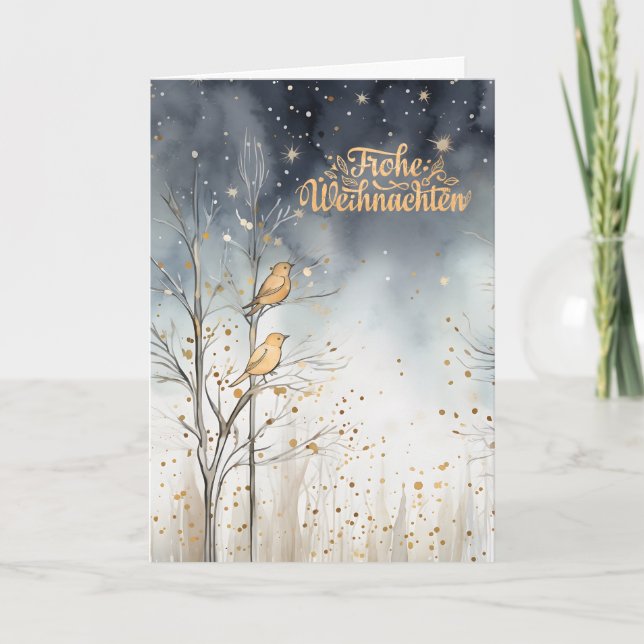 German Christmas Winter Forest Wild Birds Navy Holiday Card (Front)