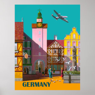German city, vintage airline poster