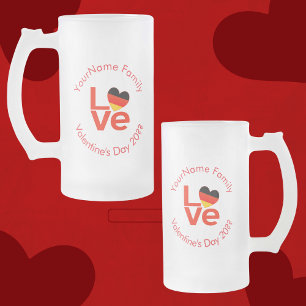 German Deutsch Red LOVE Heart Flag Frosted Glass Beer Mug