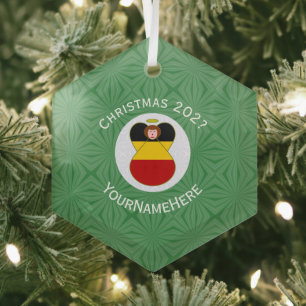 German Flag Christmas Angel Name Year Hexagon Glass Tree Decoration