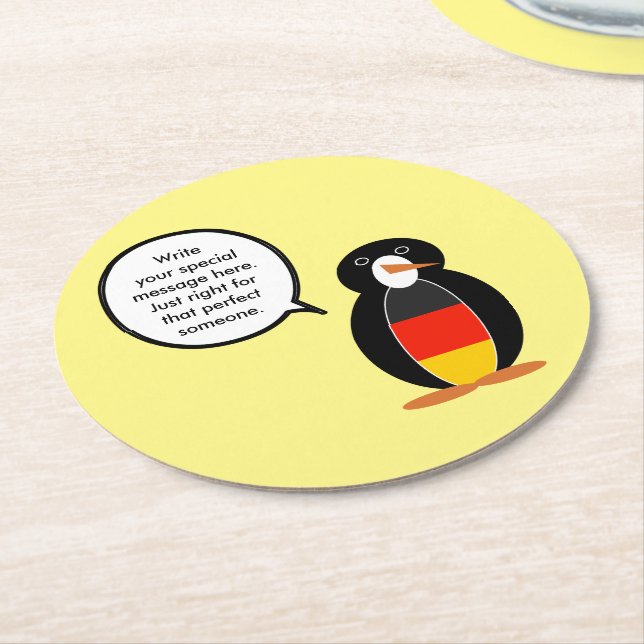 German Flag Talking Ms. Penguin Personalised Round Paper Coaster (Angled)
