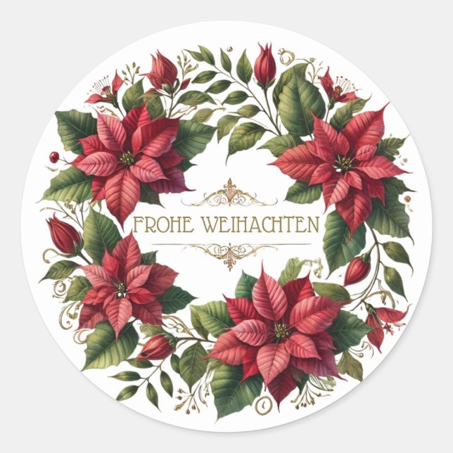 German Frohe Weinachten, Poinsettia Christmas Classic Round Sticker (Front)