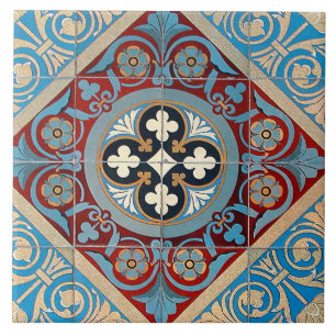 German Geometric Art Nouveau Jugendstil red blue Tile