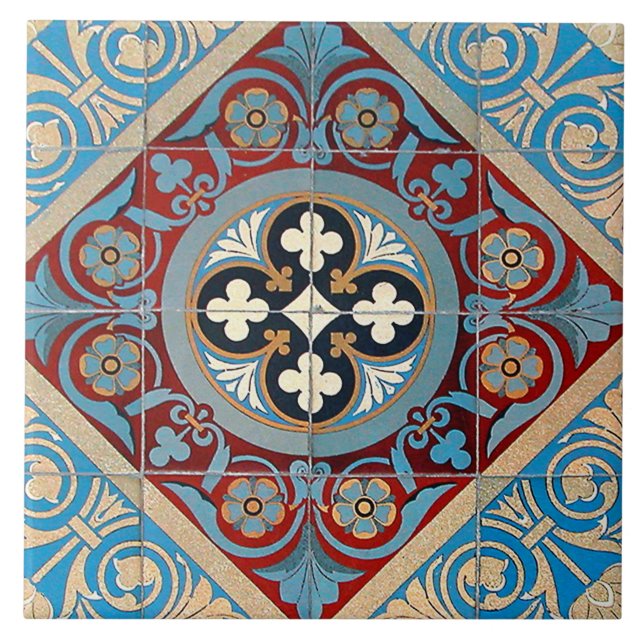 German Geometric Art Nouveau Jugendstil red blue Tile (Front)