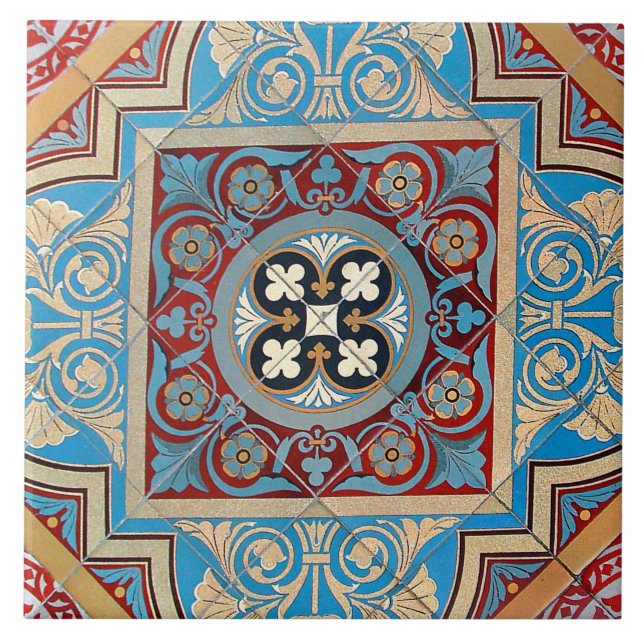 German Geometric Art Nouveau Jugendstil red blue Tile (Front)