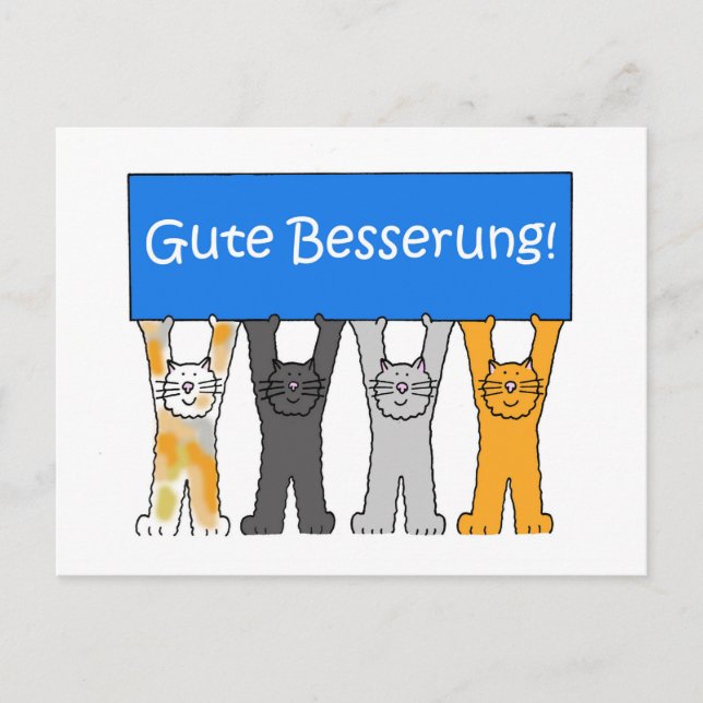 German Get Well Soon Cartoon Cats Postcard (Front)