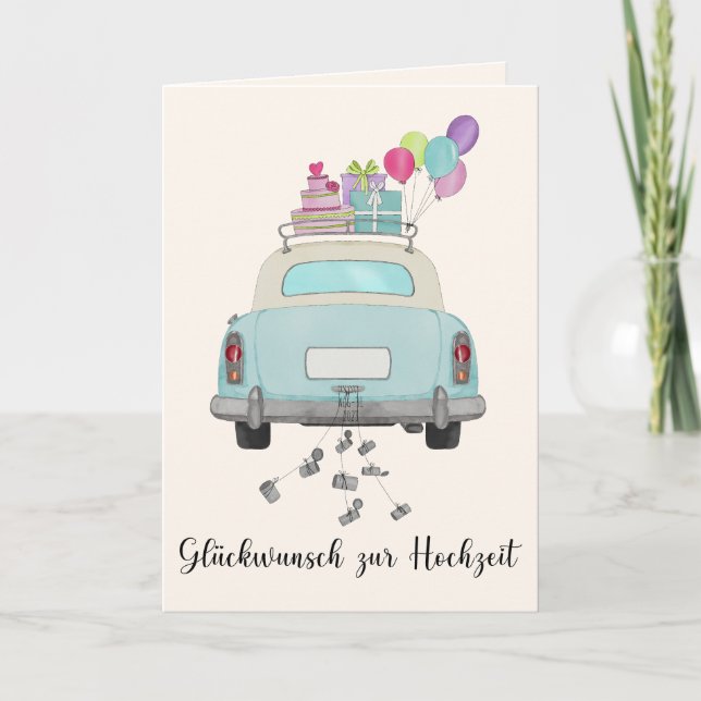 German Glückwunsch Wedding Day Blue Retro Car Card (Front)