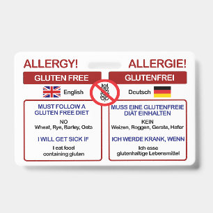 GERMAN Gluten Free Travel Card Allergy Badge ID Badge