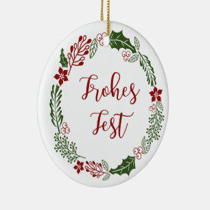 German Happy Holidays Wreath, Frohes Fest Ceramic Tree Decoration