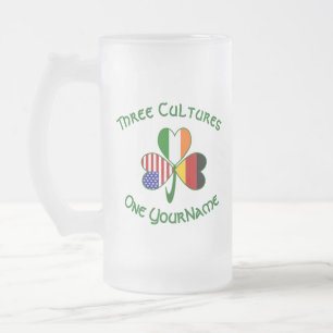 German Irish USA Flags Shamrock Personalised  Frosted Glass Beer Mug
