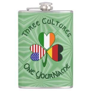 German Irish USA Shamrock Flag Personalised Text  Hip Flask