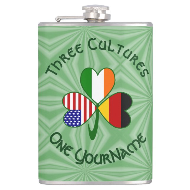 German Irish USA Shamrock Flag Personalised Text  Hip Flask (Front)