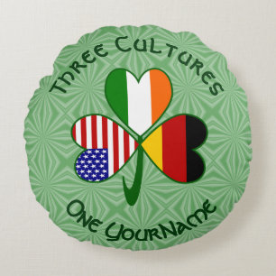 German Irish USA Shamrock Flag Personalised Text  Round Cushion