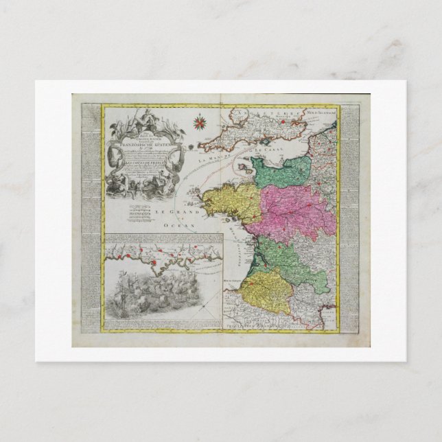 German Map showing English naval attacks on French Postcard (Front)