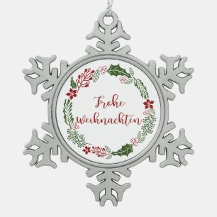 German Merry Christmas Wreath, Frohe Weihnachten Snowflake Pewter Christmas Ornament