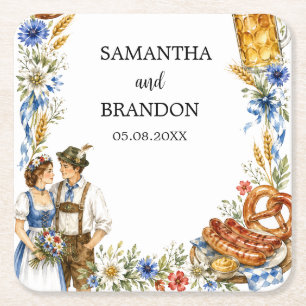 German Oktoberfest Bavarian Beer Pretzel Vintage Square Paper Coaster